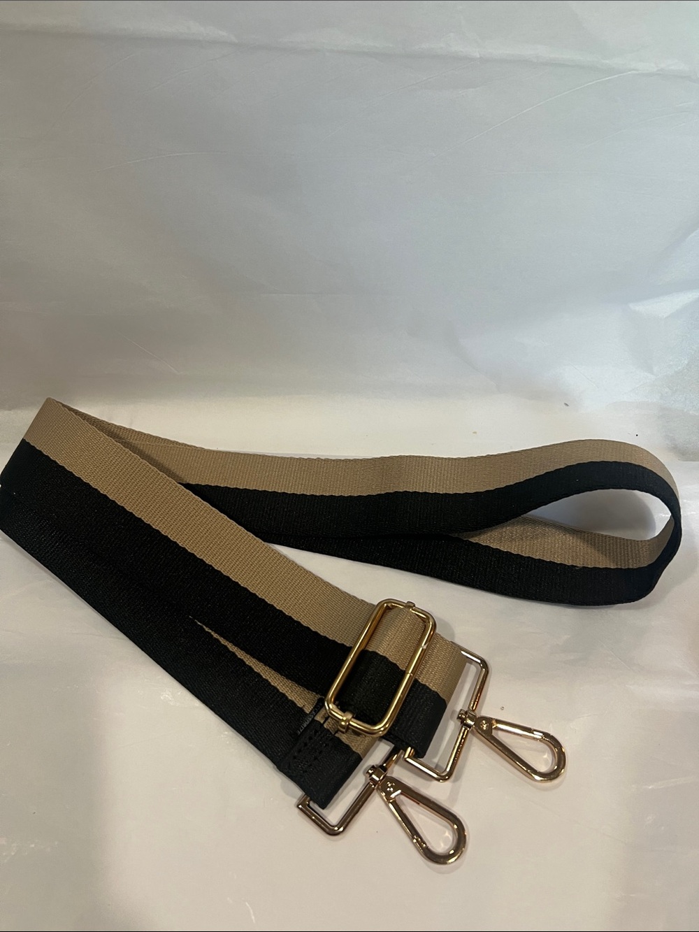 Adjustable Black and Tan Stripe Replacement Bag Strap with Gold Hardware